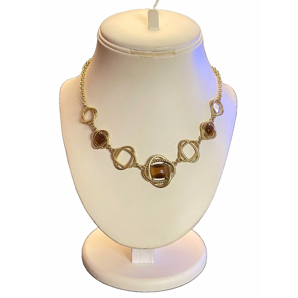 Vintage Gold Tone Brown Cabochon Statement Collar Necklace Choker Mid Century